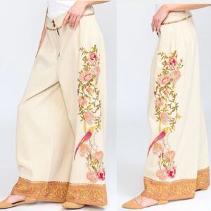 Aratta Silent Journey Time To Shine Anthro Embroidered Cream Pants Jeans Sz S